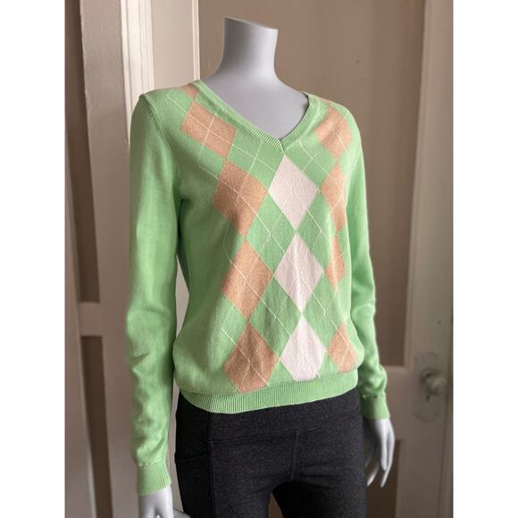 IZOD Pastel Green Argyle V-Neck Sweater sz S - Picture 2 of 11